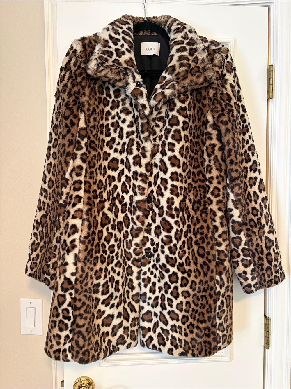 LOFT Leopard-Print Faux Fur Teddy Coat in Brown and Black